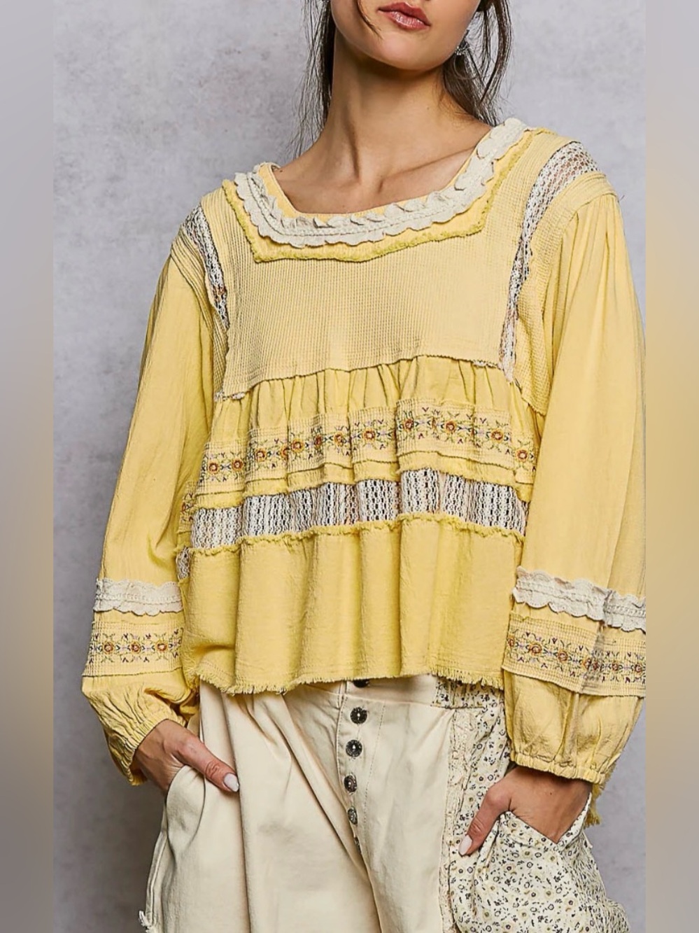 POL Boho Lace-Trim Yellow Peasant Blouse Size Small